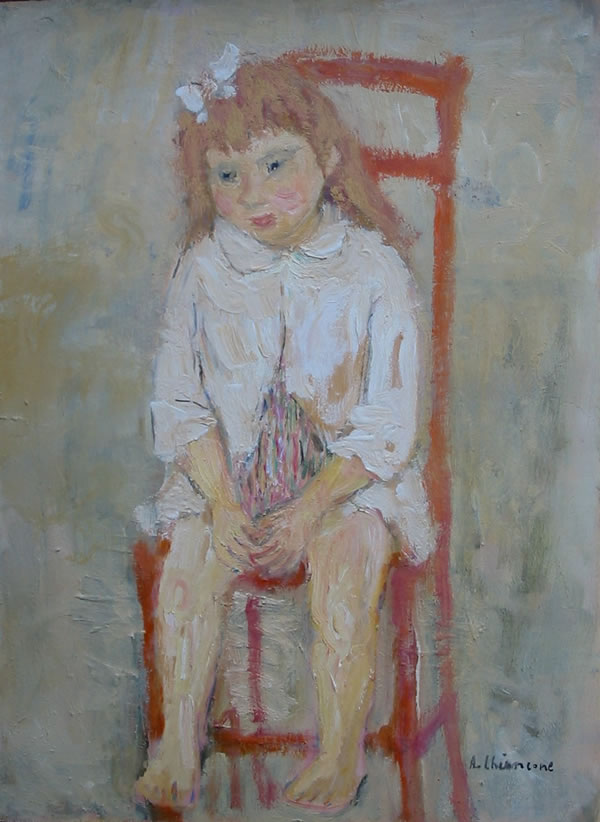 Bambina bionda su sedia rossa, sd 1948-’50, olio su tavola, cm 40x30, Napoli, collezione privata